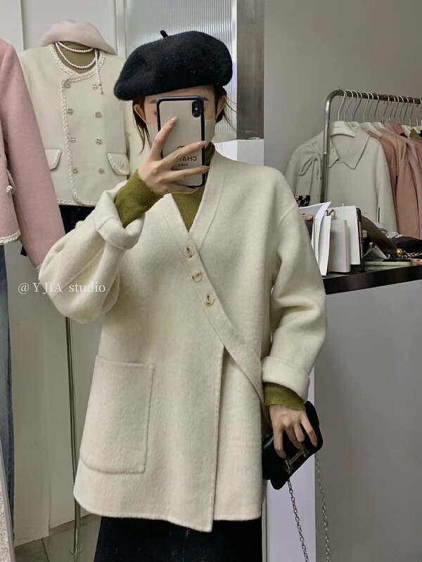 【Y.JIA】Korean design sense v-neck tie wool coat 55138