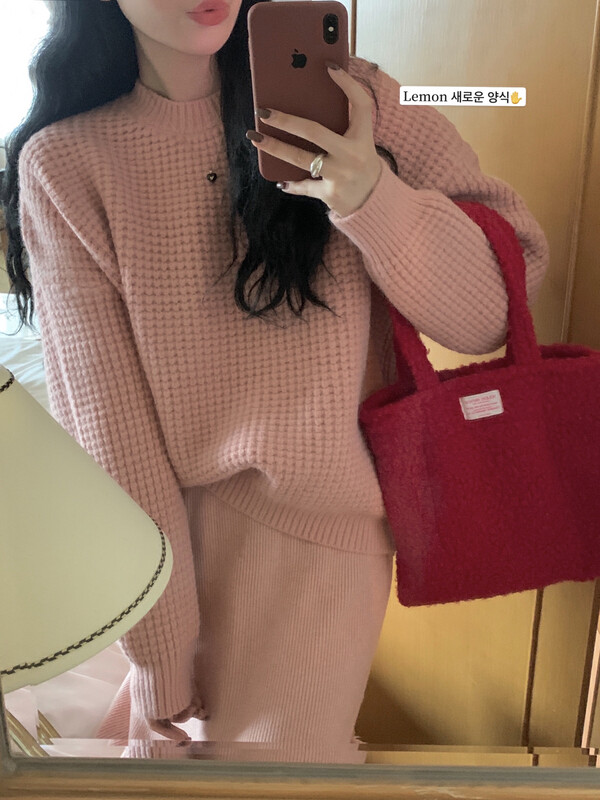 [Lemon Green Tea] French Retro Waffle Loose Sweater 00-271