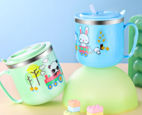 304 stainless steel children's straw cup kindergarten anti-fall with cover cartoon learning drink cup household double-layer baby water cup
