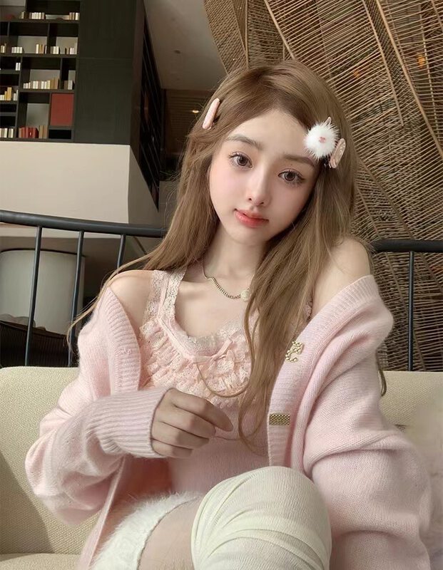 【MS STUDIO】Sweet girly off-the-shoulder knitted cardigan + halter vest set 5836# PCZ
