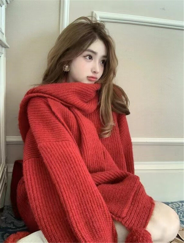 [MS STUDIO] Lazy style large version solid color warm sweater (with scarf) 9545# PCZ