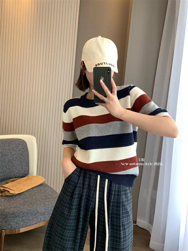 [U grain] Retro contrast color striped sweater 1729