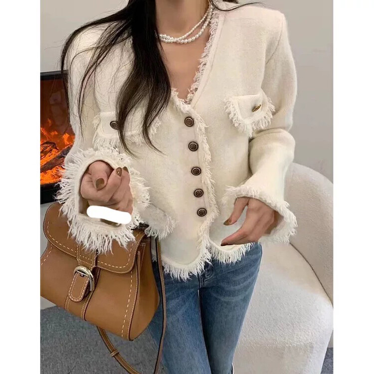 【L.L STUDIO】Korean style small fragrant wind fringed v-neck warm sweater 78569# PCZ