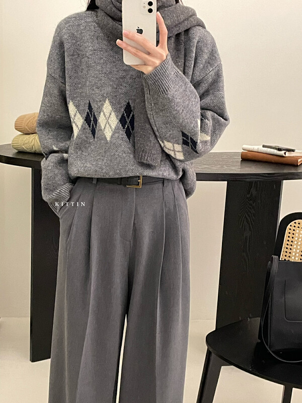 【KITTIN】Korean version thickened rhombus warm sweater 1679# FHX