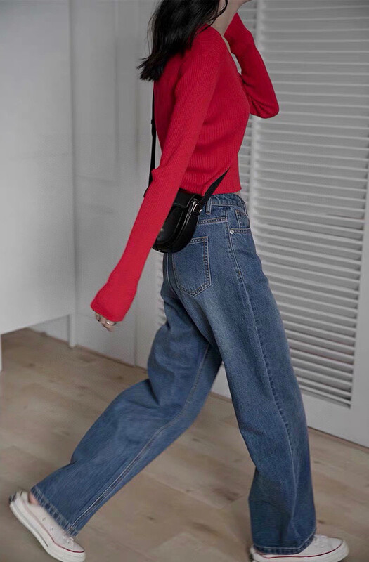 New in Autumn!【WGWE】Straight Korean style high waist loose slim jeans 2677# FHX