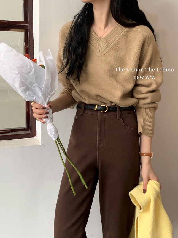 [Lemon Green Tea] Solid Color V-neck Retro Soft Waxy Thick Slim Sweater 00-273