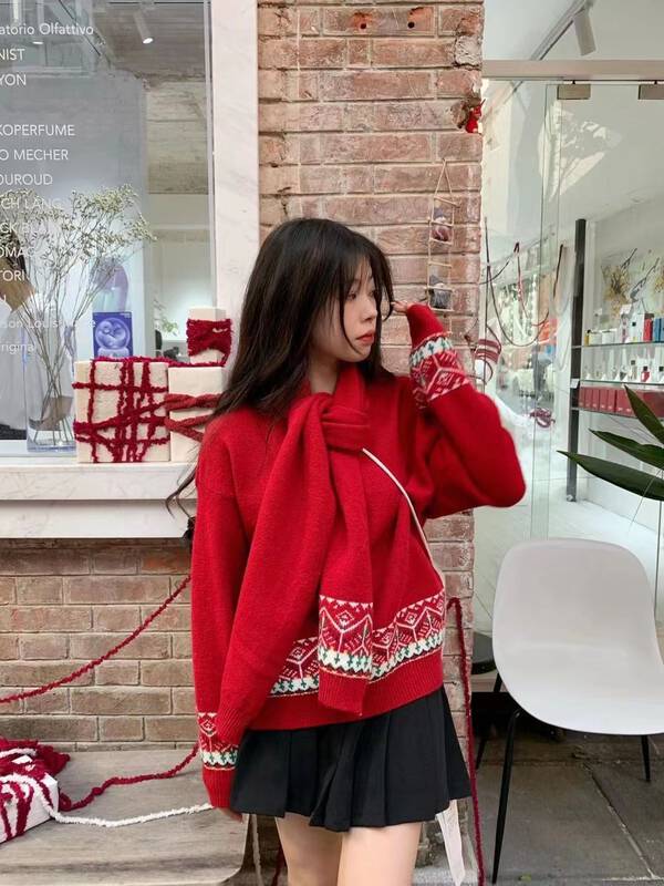 【MISS KOREA】New Year's Day jacquard atmosphere warm sweater (with scarf) 6382# HBX