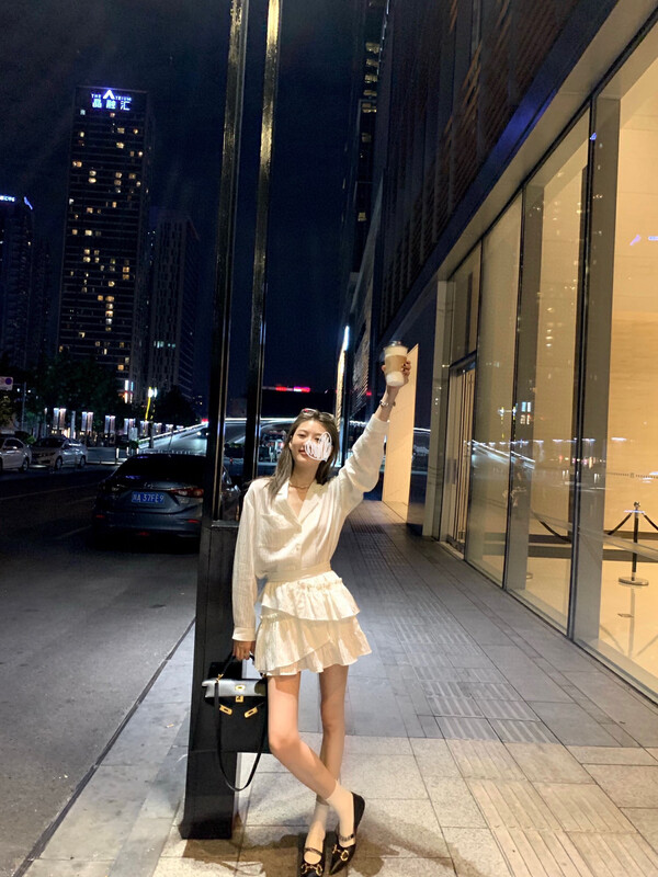 [WGWE] Button temperament shirt+slim casual skirt suit 2293 # FHX