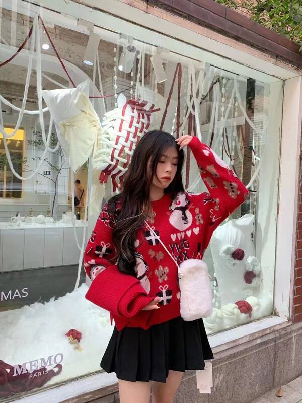 【MISS KOREA】Christmas jacquard temperament round neck warm sweater (with scarf) 6383# HBX