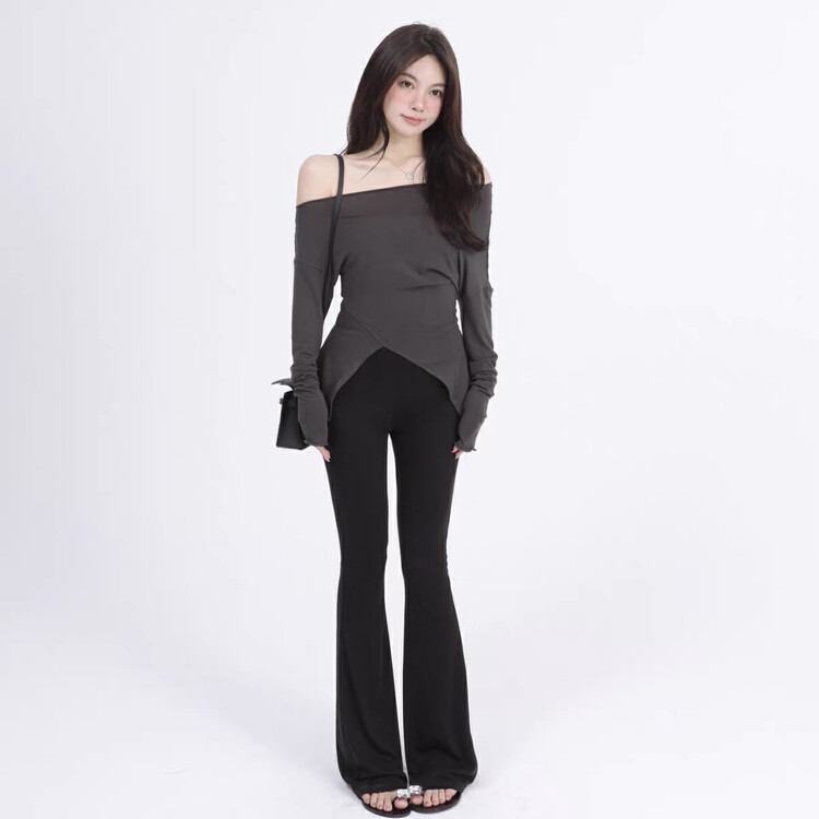 [WGWE] Oblique shoulder slit slim fit pure desire hot girl long-sleeved T-shirt 3015# FHX