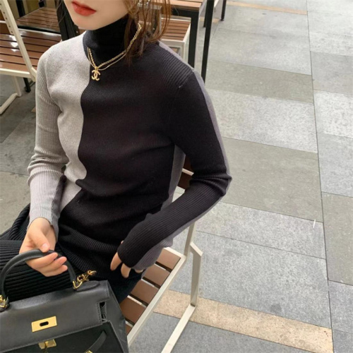 Autumn and winter all-match niche high-necked sweater women  Korean style fashion color contrast stitching slim slim long-sleeved sweater