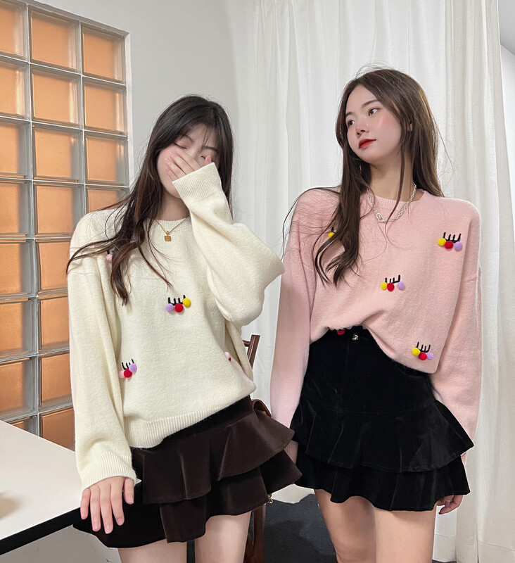 Original price 62.04! [MISS KOREA] Korean version of heavy industry three-dimensional fur ball all-match warm sweater 9965# HBX