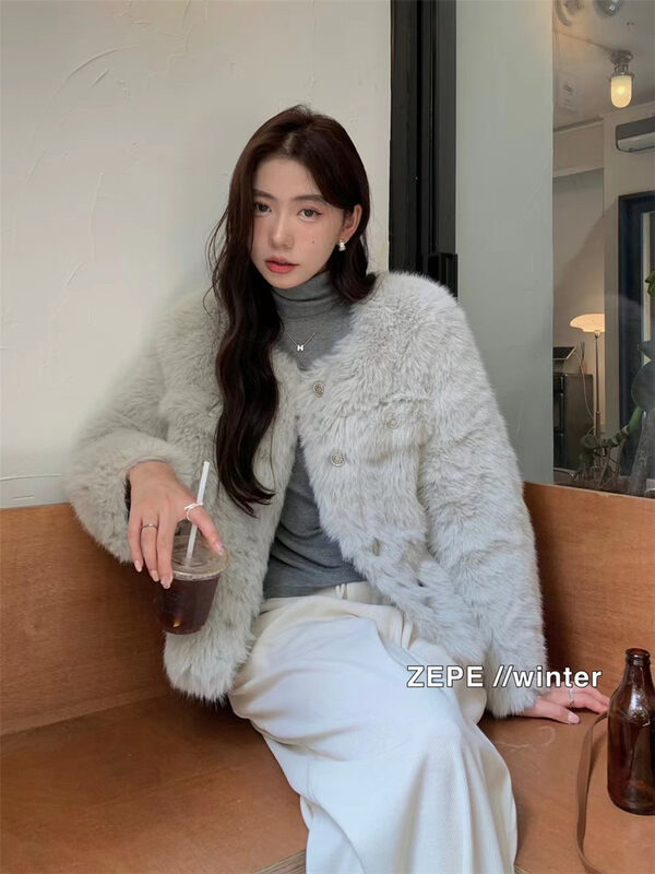【ZE】Single-breasted solid color comfortable and versatile warm fur coat W1200# L