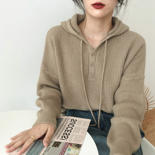 Hooded sweater women's clothing 2022 new autumn and winter knitted sweater design sense niche loose sweater outer wear inner top