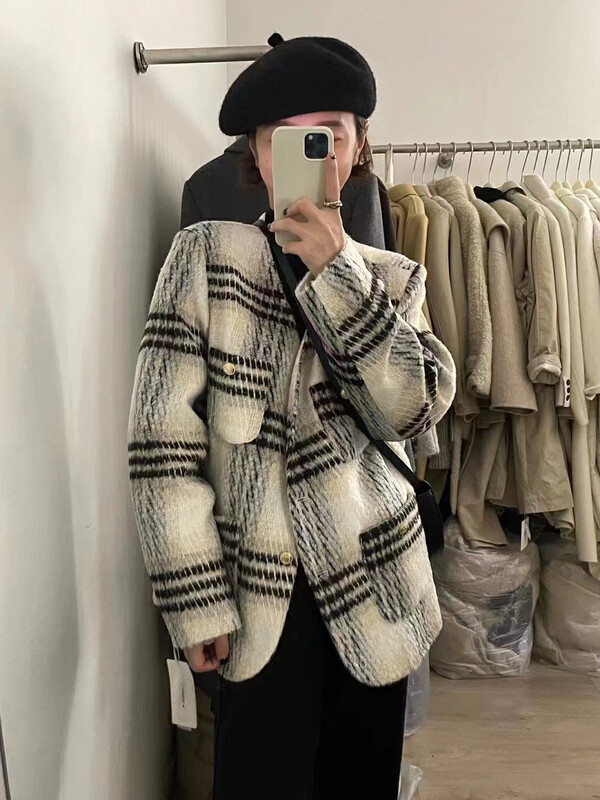 【RS】V-neck plaid small fragrance warm down jacket (including 90% white duck down) RS3059# FHX