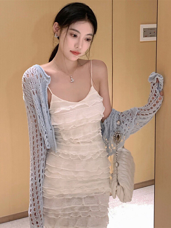 [WGWE] Niche Waist Sling Dress + Simple Versatile Knitted Cardigan Set 2024# PCZ
