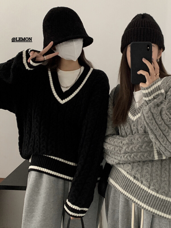 【Lemon green tea】Korean style V-neck twist loose all-match sweater puffy wool OI-2211