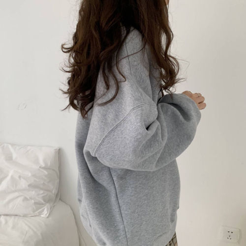 Women's Korean style loose long-sleeved top coat with fleece and thick round neck sweater