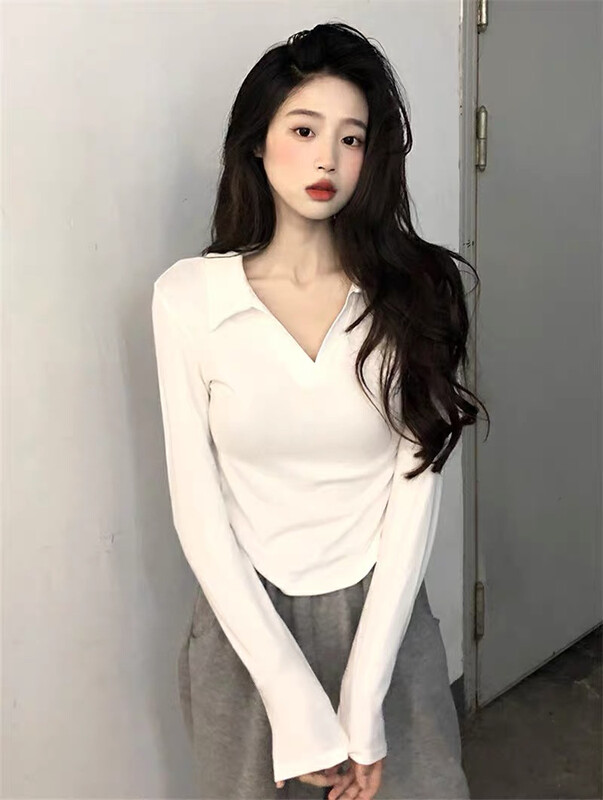 Original price 31.58! New in autumn! [WGWE] pure desire wind slim lapel short long-sleeved T-shirt 2723# FHX