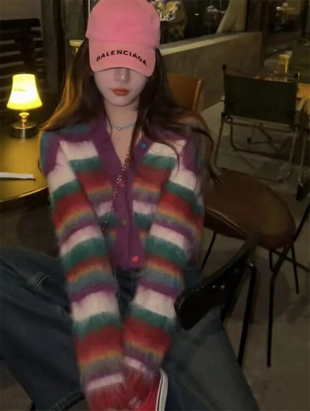 【MS STUDIO】Korean style rainbow striped soft waxy knitted cardigan 066153# PCZ