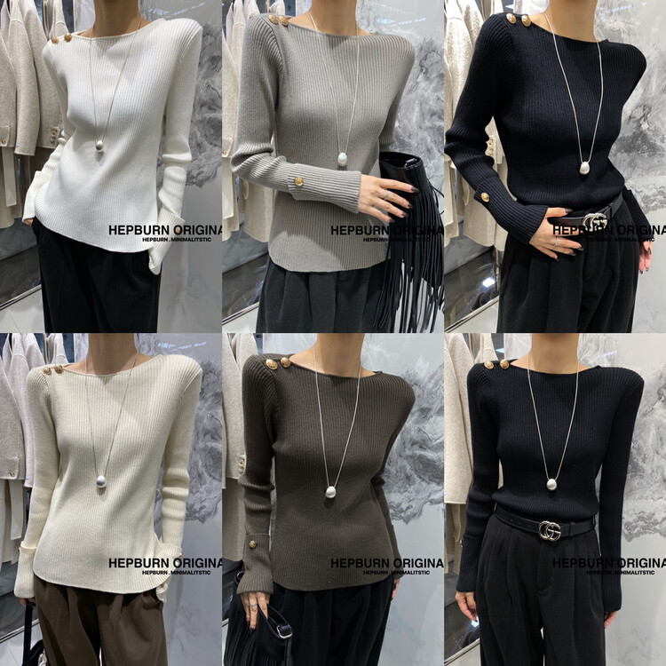 [HEPBURN] Temperament slimming metal buckle design sweater wool folded sleeves Y86