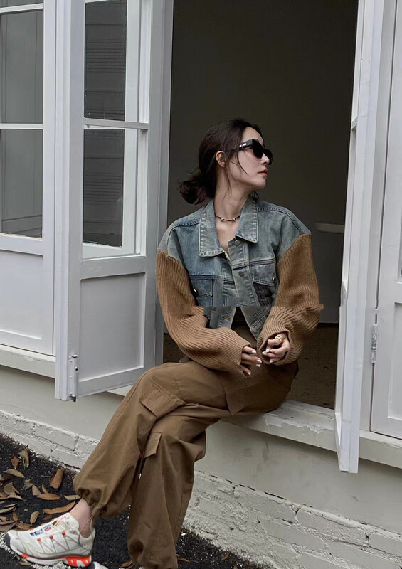 New in autumn!【MI NI】Korean color matching knitted sleeve short jacket 9090# PCZ