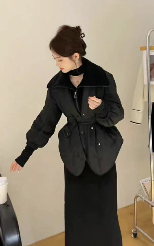 【Y.JIA】Korean style gentle age-reducing stitching lapel down jacket down jacket (with waist rope) 33037