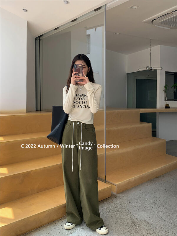 New in Autumn! [CANDY Candy] Drawstring Contrast Color Ribbon Versatile Casual Pants 7832# ZJY