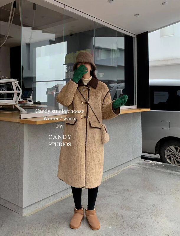 [CANDY Candy] Contrasting Collar Fur Long Coat (With Bag) B9397# ZJY