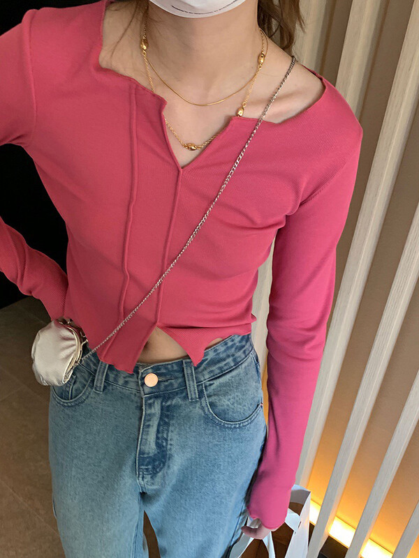 Original price 22.56! New in early autumn! [WGWE] Small V-neck fishbone design long-sleeved T-shirt 2470# FHX