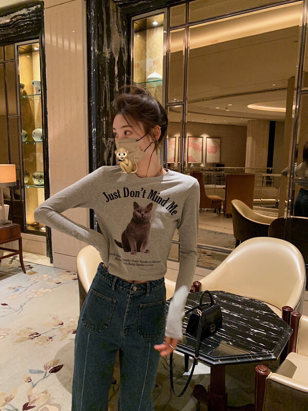 New in early autumn! [WGWE] Hot girls must-have cartoon cat print short elastic long-sleeved T-shirt 2344# FHX