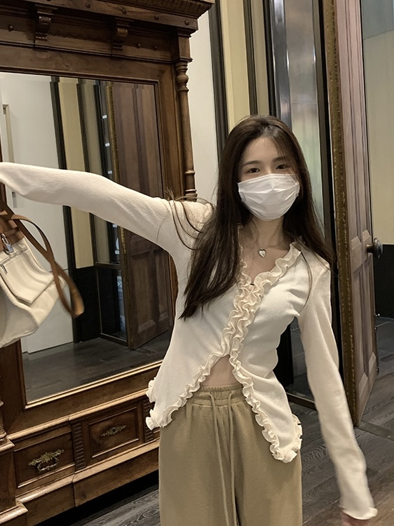 【WGWE】Designed hem slit ruffled V-neck long-sleeved T-shirt (without matching) 2936# FHX