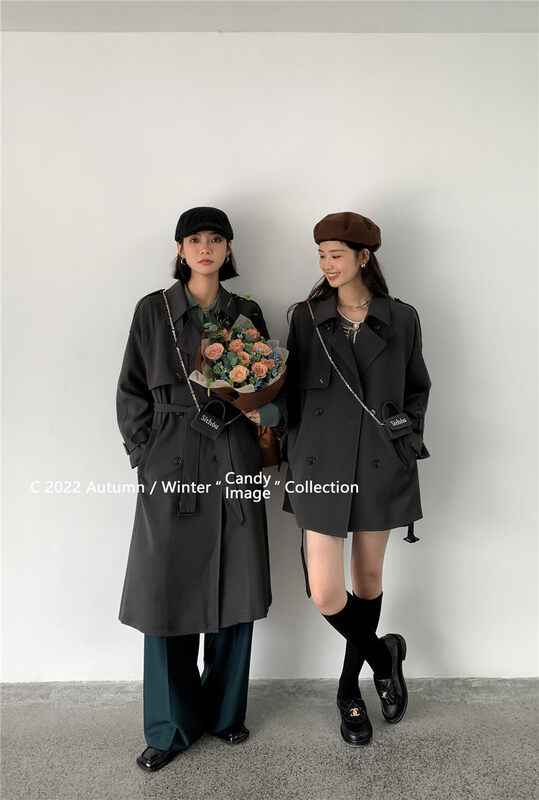New in autumn! [CANDY Candy] Suit collar double-breasted temperament coat (with small bag, belt, and detachable cuffs) 9166# ZJY