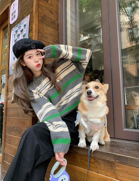 【WGWE】Korean sweet and age-reducing lazy style striped sweater 3156# FHX