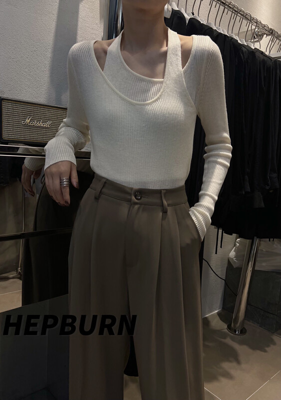 【HEPBURN Hepburn】Designed fake two-piece knitted sweater slim fit Y26