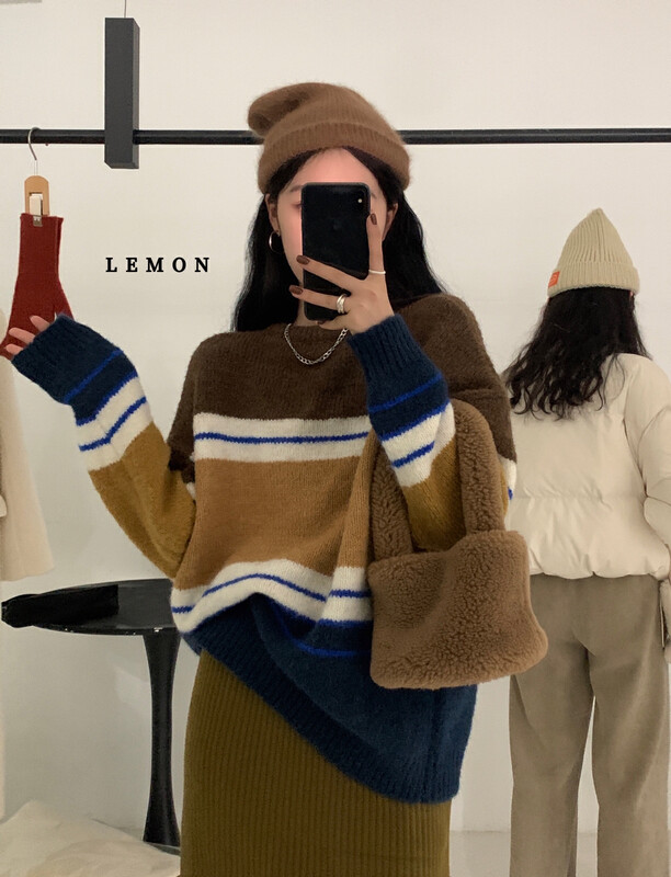 [Lemon Green Tea] Retro Color Matching Loose Lazy Sweater D-2201