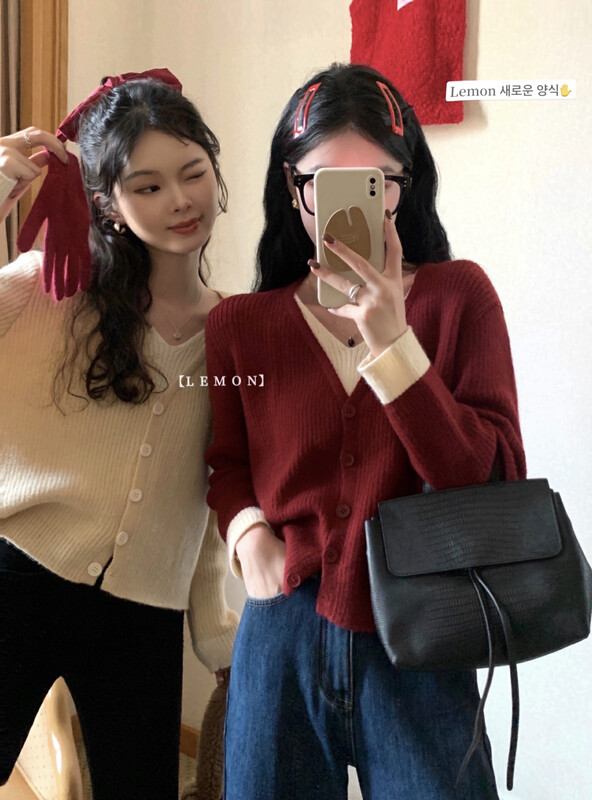 [Lemon Green Tea] Korean Knitted Cardigan with Contrasting Colors and Versatile Design 00-281