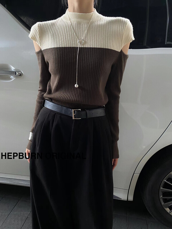 【HEPBURN Hepburn】Western-style off-the-shoulder hit color warm sweater (slim and slim) 105HB# FHX