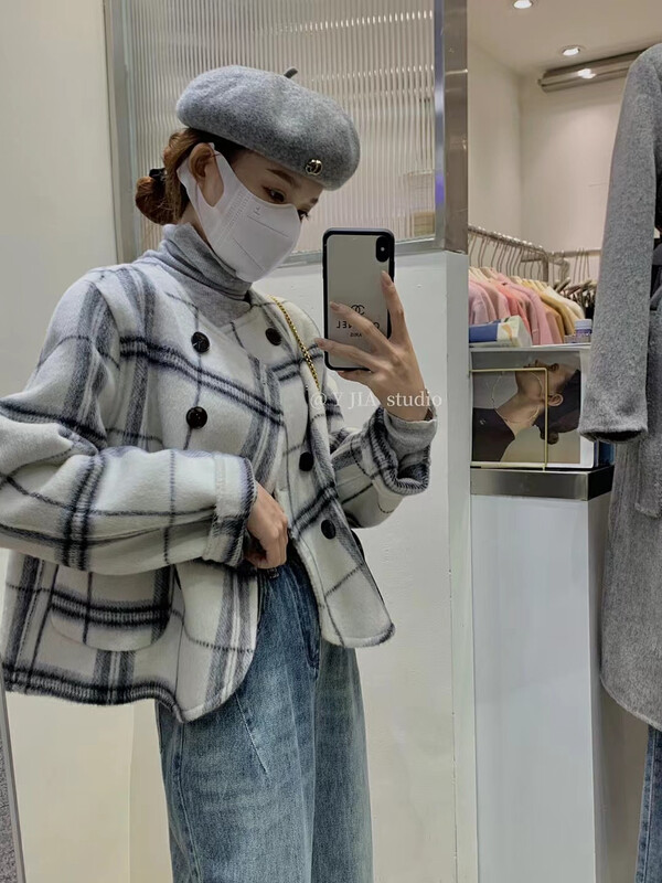 【Y.JIA】Temperament plaid hit color double-breasted double-sided wool coat 55139