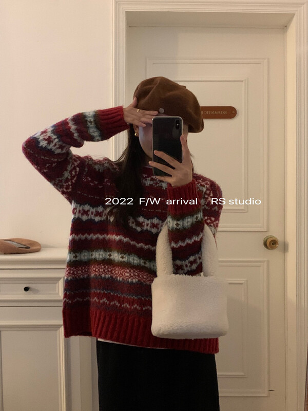 【RS】Retro Lazy Pullover Jacquard Warm Sweater M2530# FHX