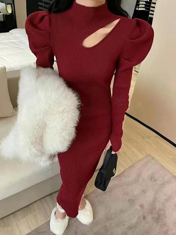 【L.L STUDIO】French style careful machine hollow knit puff sleeve hip dress 78635# PCZ
