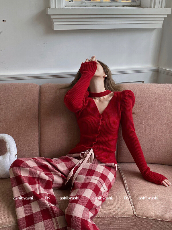 【WGWE】V-neck Halter Neck French Pure Desire Puff Sleeve Knitwear 3161# FHX