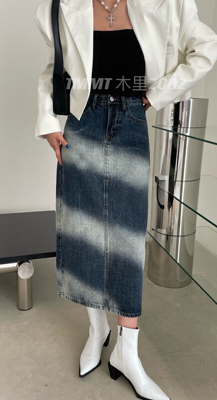 New in early autumn! 【JIAJIATMMT Muli】Color-block diagonal stripe denim skirt 2002# L