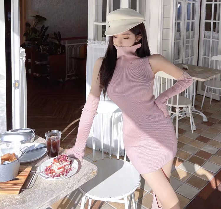 【MS STUDIO】High-neck off-the-shoulder knit babes dress (with sleeves) 5993# PCZ