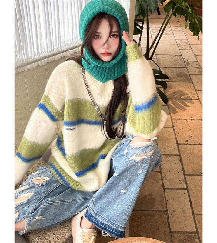 [L.L STUDIO] Round neck commuter lazy style striped sweater 78309# PCZ