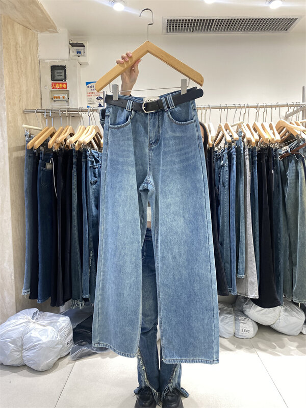 【JEANS】High-waisted fleece straight-leg jeans (with belt at random) YS1-R447# LSW