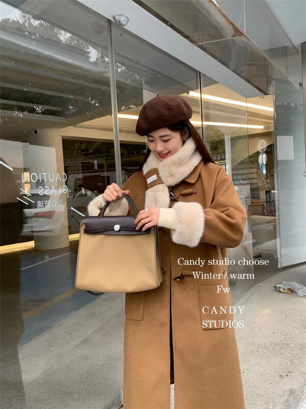 【CANDY Candy】Clean horn buckle long temperament coat (with scarf) B9387# ZJY