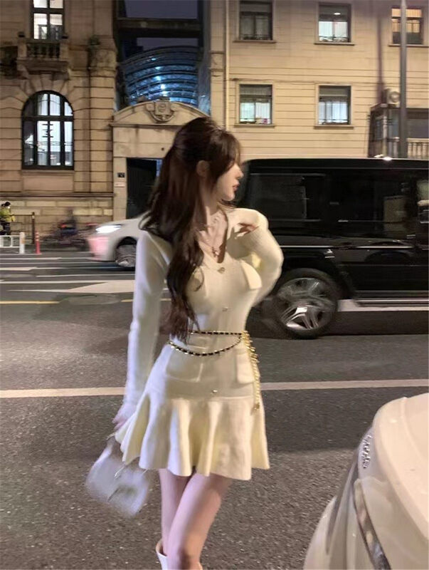 【MS STUDIO】V-neck button-up temperament knitted dress (with belt) 9525# PCZ