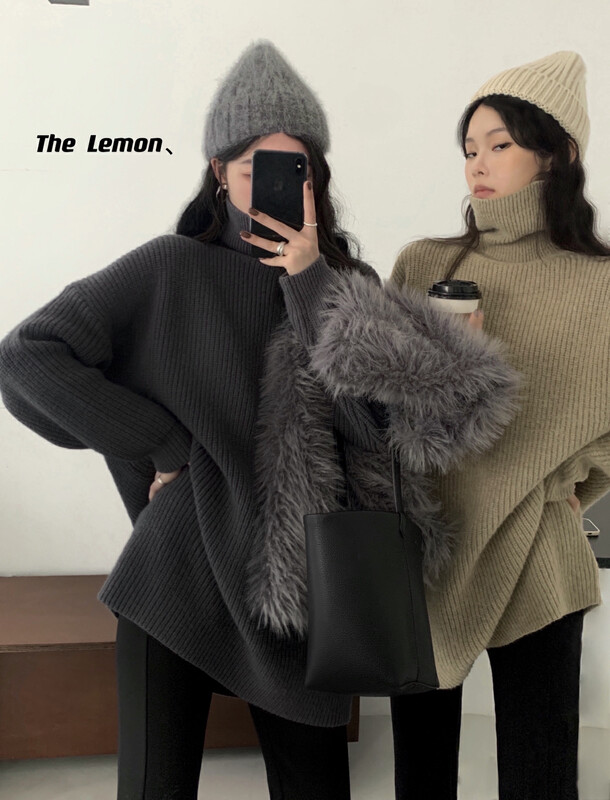【Lemon green tea】Korean style simple and high-grade turtleneck loose sweater KK-073