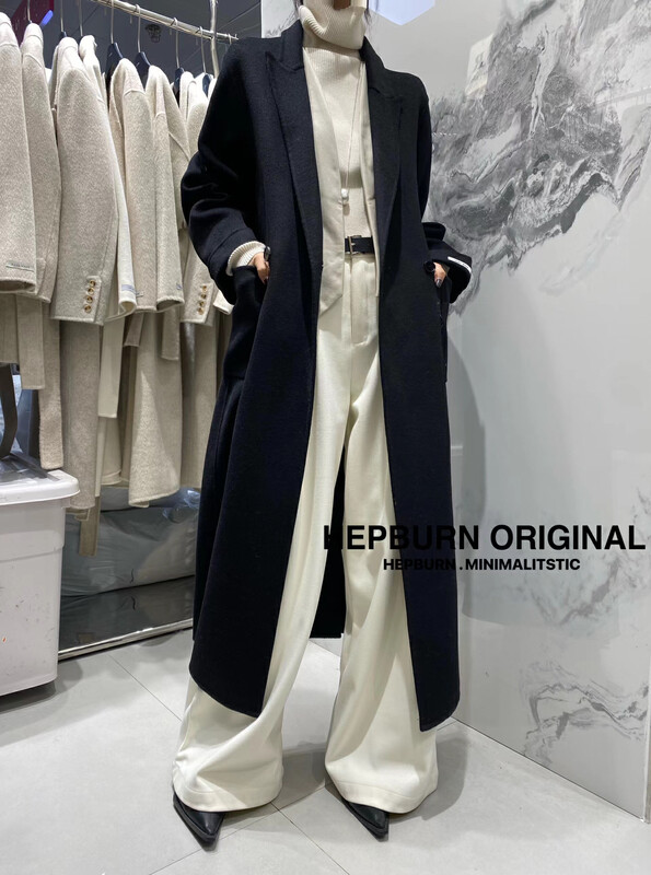 [HEPBURN] High-end brand 100% double-sided cashmere wool coat (with belt) loose long length all-match slimming HB070